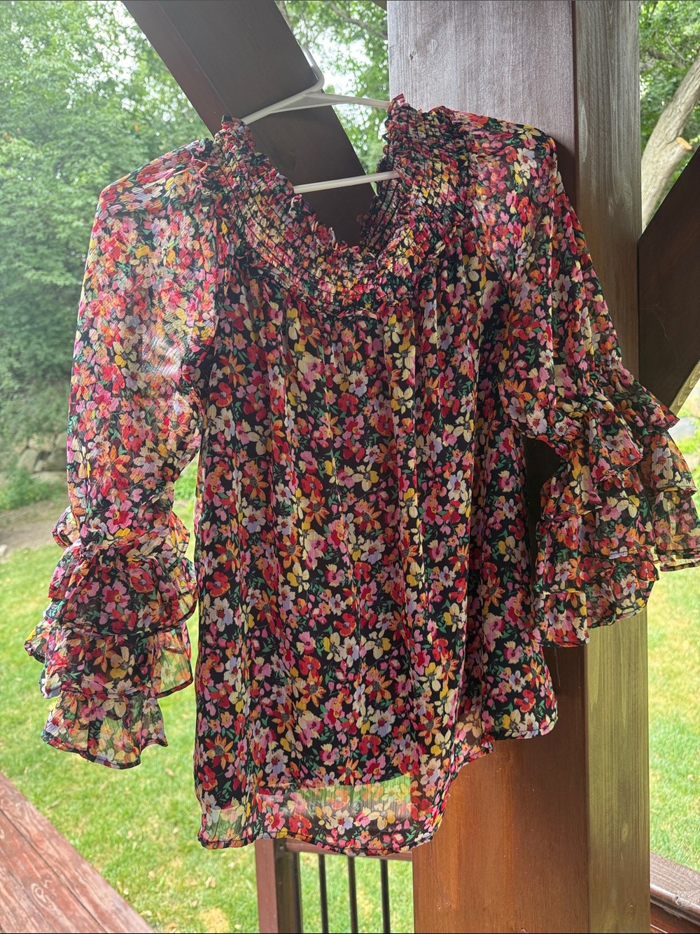 CeCe Black Floral Ruffle-Smock Blouse